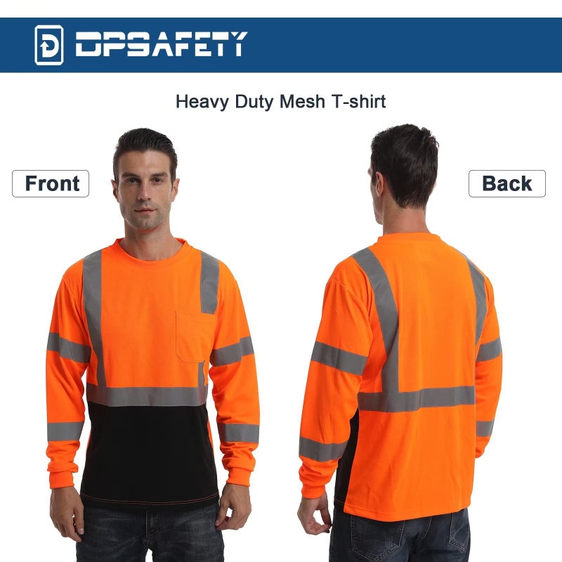 DPSAFETY High Visibility Class 3 T Shirts,Hi Vis Safety Shirts with Reflective Strips and Pocket, Long Sleeve Quick Dry Mesh Construction Work Shirt for Men/Women Black Bottom Orange,3XL - Image 5